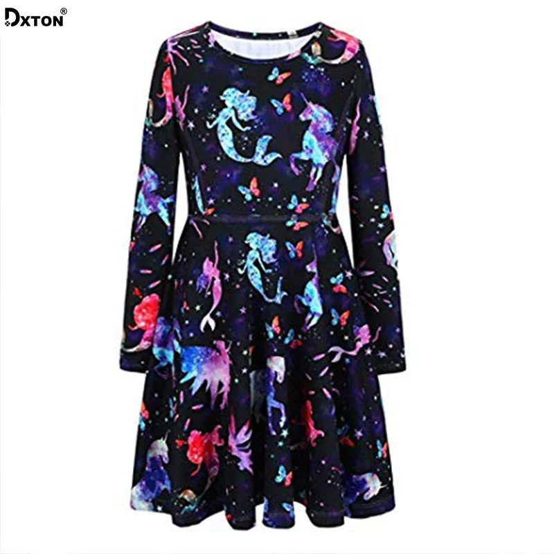 Dxton Children Unicorn Girl Dress Long Sleeve Kids Girls Dresses Cartoon Fill Robe Princess With Butterfly 4-8 Year | Детская одежда и
