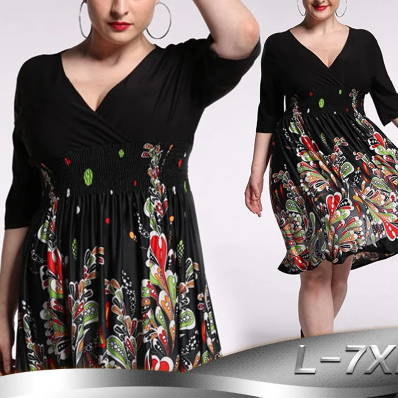 

Summer Plus Size Dress Bohemian Casual Large Size Sexy V-neck Dresses Floral Print 2019 Spring New Loose Vestidos For Women