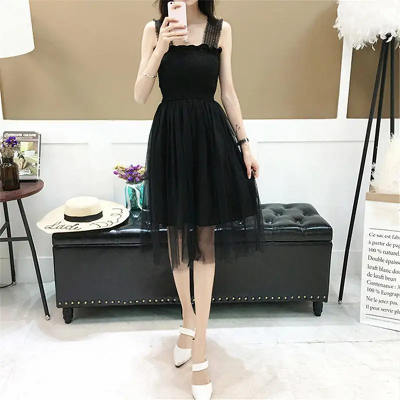 

Женское платье на бретелях-спагетти, однотонное милое платье до колена с оборками, модель 2019 в Корейском стиле на лето