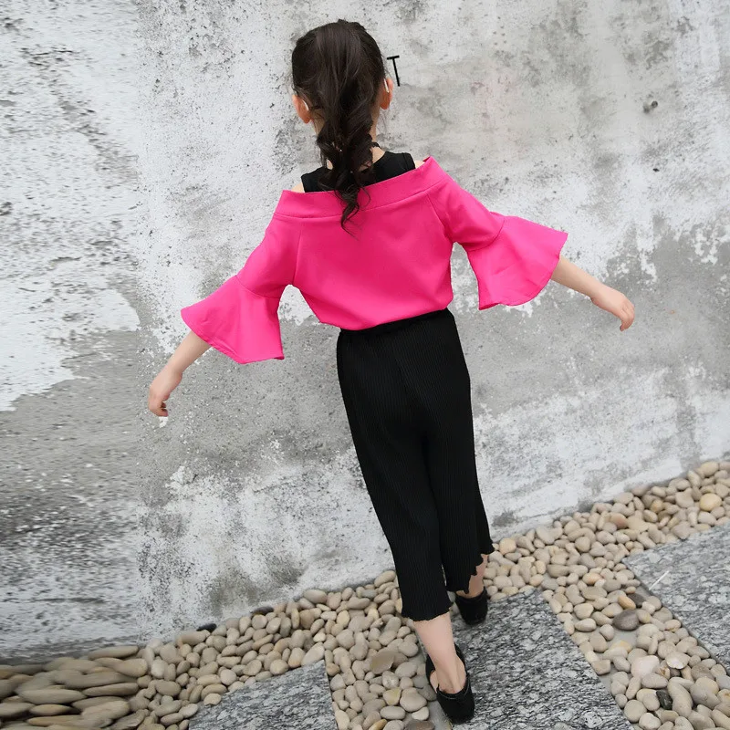 2018 Spring Autumn Girls Flare Sleeve T-shirt+Pants Fashion Princess Clothing Sets Kid Bare shoulder School Sport Clothes set | Мать и