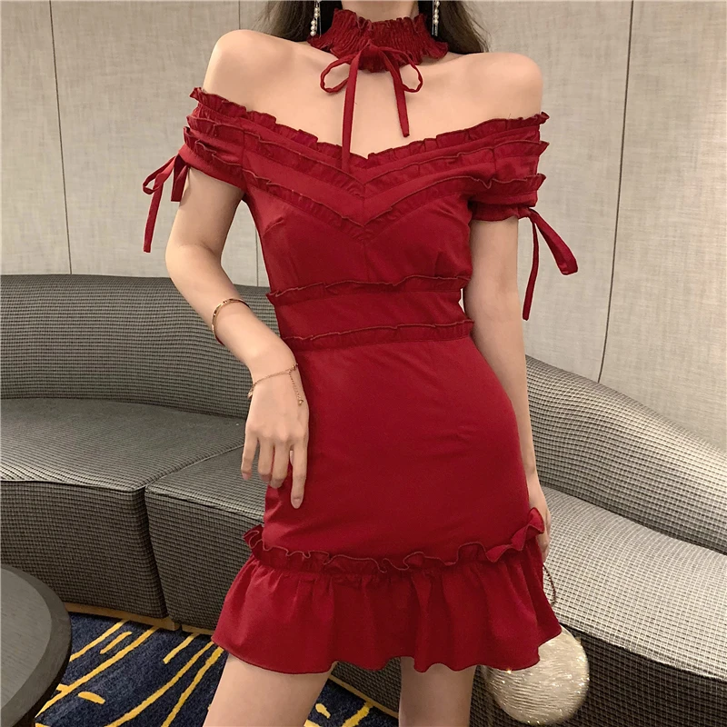 

slash neck red short dress Korean Women's Clothing fashion brands Slim fit sexy off shoulder summer style woman dresses new