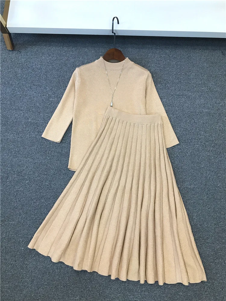 Gold Lurex knitted shirt + skirt high waist pleated big new spring / autumn women's suit fashion Bling 2-piece | Женская одежда