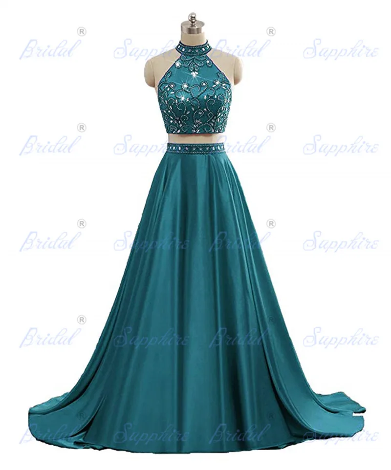 Сапфировые Свадебные Длинные вечерние платья Vestido De 15 Anos De Debutante из двух частей, высококачественное атласное отделанное бисером блестящее Пышное Платье - Цвет: teal