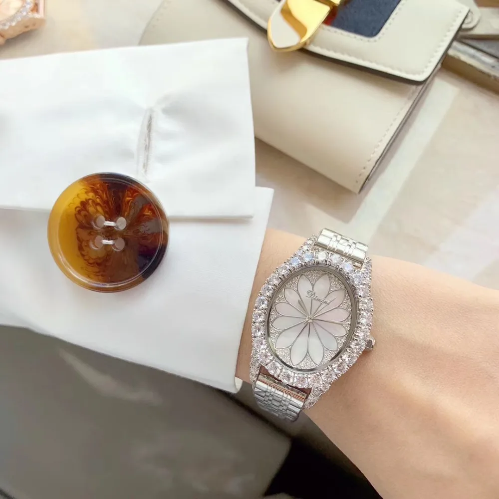 חדש לגמרי נשים מעטפת אלגנטית לוטוס שעונים יוקרה קריסטלים תכשיטי שעון מלא פלדת צמיד שעון יד בציר סגלגל Montre