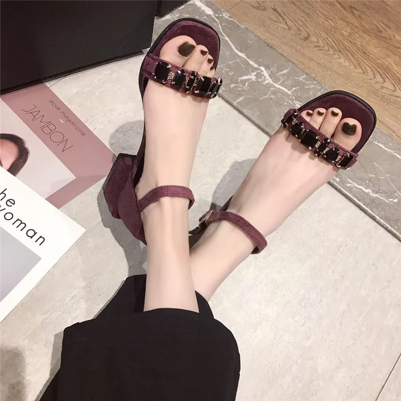 Sandals female 2019 new summer Korean version of the thick with rhinestones students open toe fairies women's shoes | Обувь