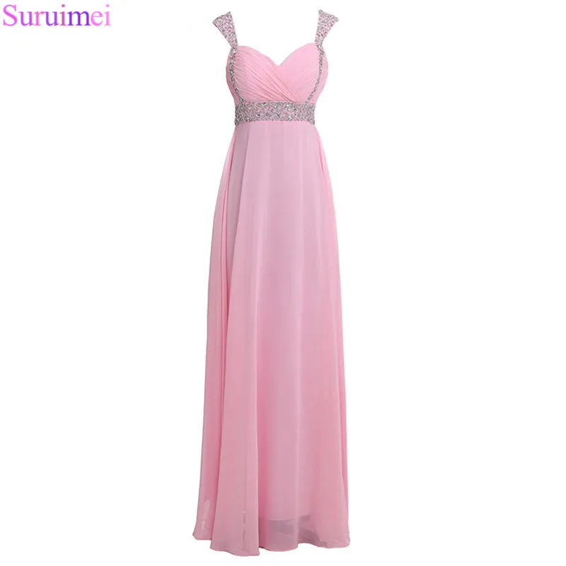 

Backless Prom Dresses 2018 A-line Pink Crystals Beaded Spaghetti Strap Prom Party Gown