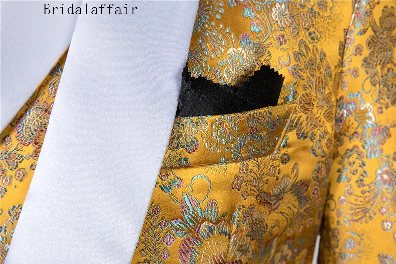 Bridalaffair, высокое качество, цветочный золотой костюм, Мужская шаль с отворотом, смокинг для жениха, мужские костюмы, приталенный, для свадьбы, Лучший человек, блейзер, наборы, 3 предмета