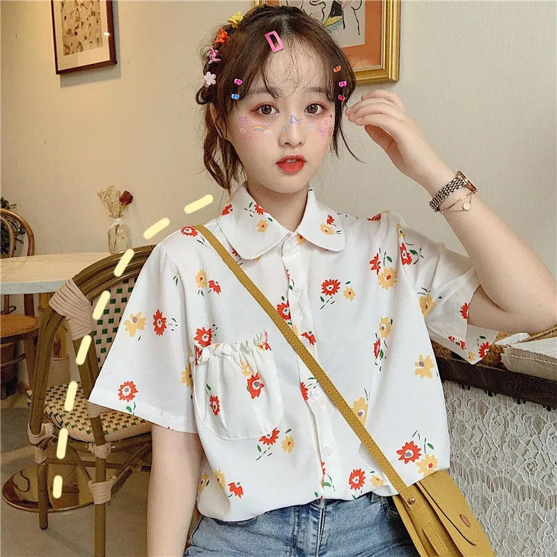 Фото Свободная рубашка с цветочным принтом топы в Корейском стиле летняя шифоновая