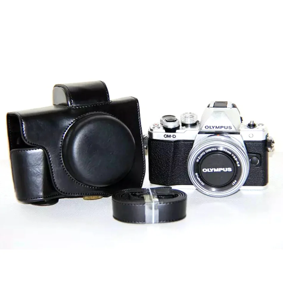 Чехол для камеры из искусственной кожи для Olympus E-M10 Mark II EM10 II MarkII(Объектив 14-42 мм) высокое качество+ защитный чехол с ремешком - Цвет: Black