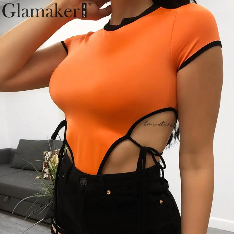 Женский боди Glamaker облегающий с коротким рукавом и высокой шнуровкой короткие