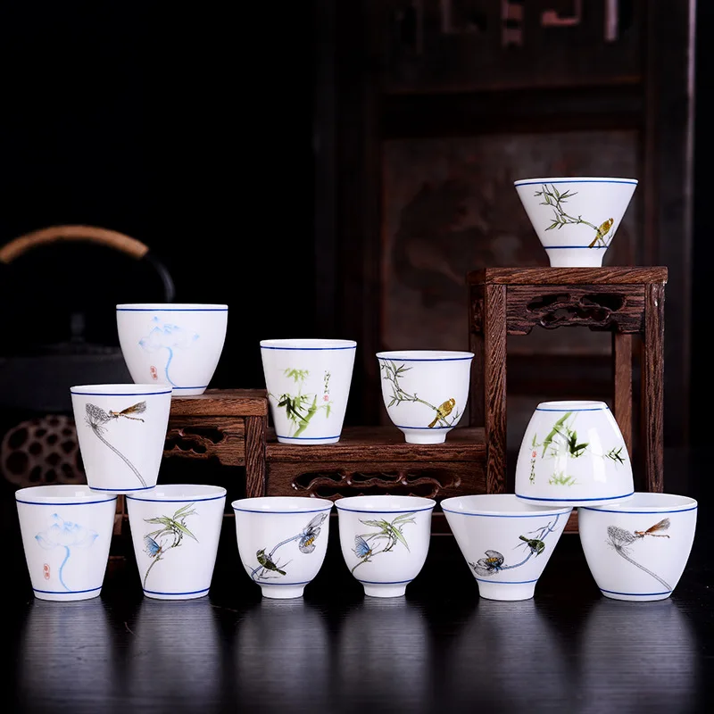 6 керамических чашек для чая из фарфора, набор для кунг-фу, ручная роспись, небольшие чаши для церемонии и украшения дома.