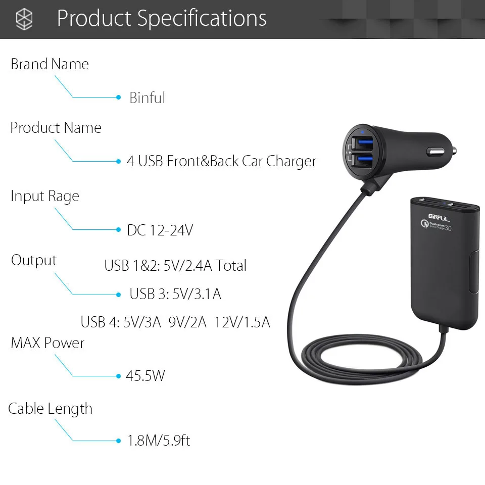 4 зарядных порта USB для автомобиля Зарядное устройство быстрой зарядки 3 0