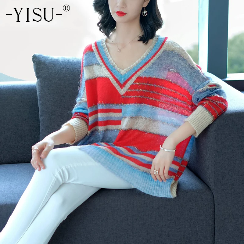 YISU Knitted wool Sweater Women V Neck Fashion Color mohair Pullovers Female Pullover Casual | Женская одежда