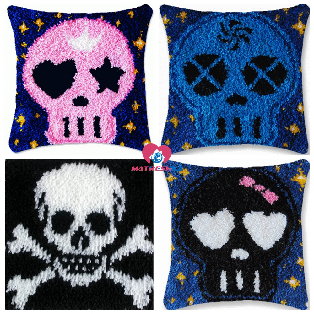 

Dropshipping Latch Hook kits Pillow skull Diy Handmade Printed Canvas Cushion Latch Hook Kits DIY Unfinished accessories 43x43