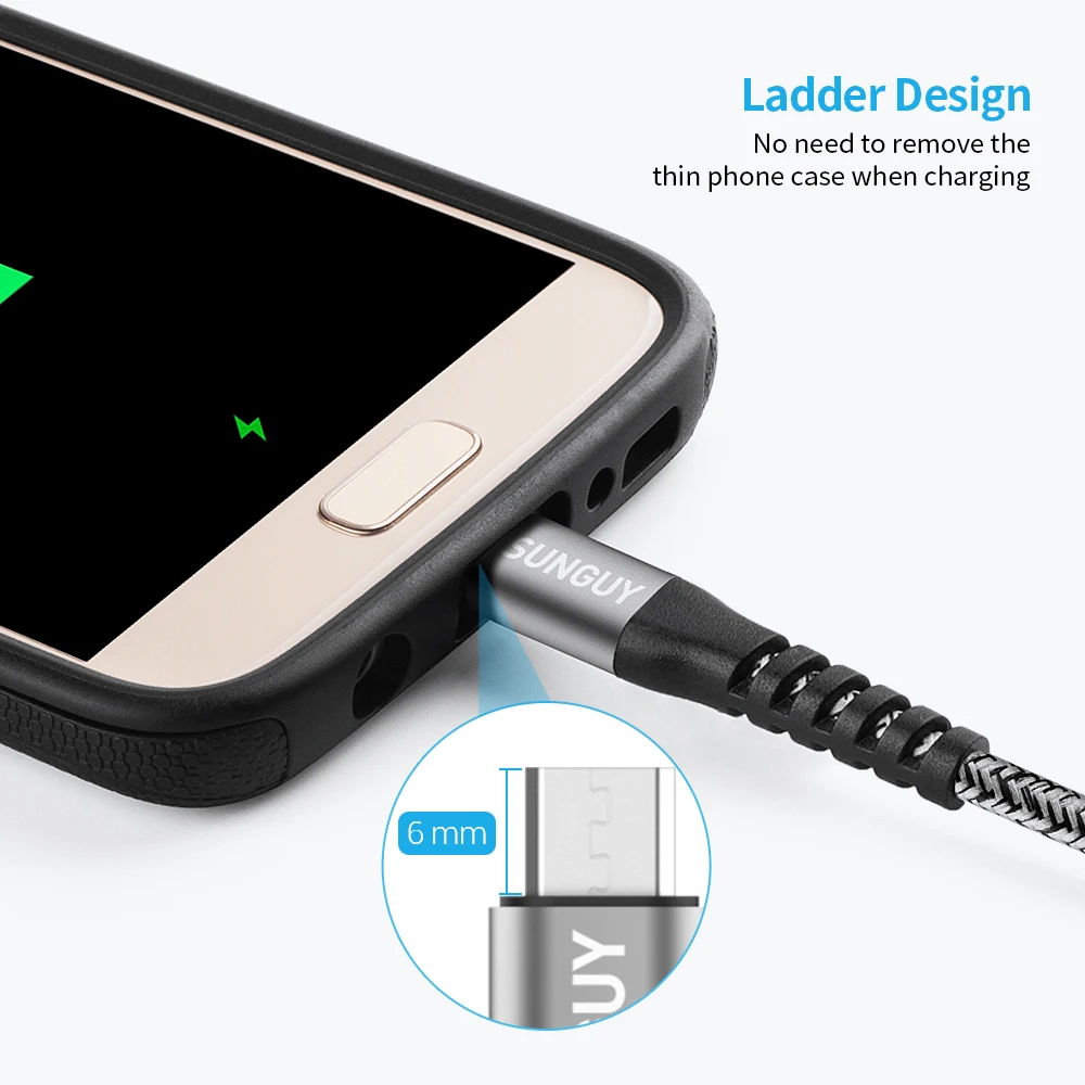 SUNGUY Micro USB кабель плетеный 2.4A Быстрая зарядка передачи данных для samsung S7 S6 edge Moto G5/G5