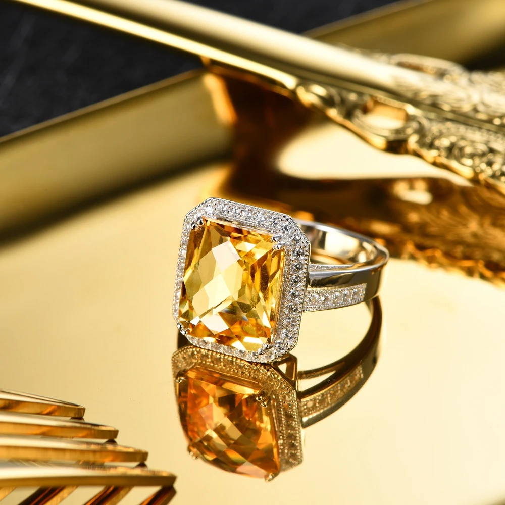 L&ampzuan S925 Sterling Silver Jewelry Ring Natural 6.02ct Citrine Yellow Luxury Square Gemstone Rings For Woman Christmas Gift | Украшения