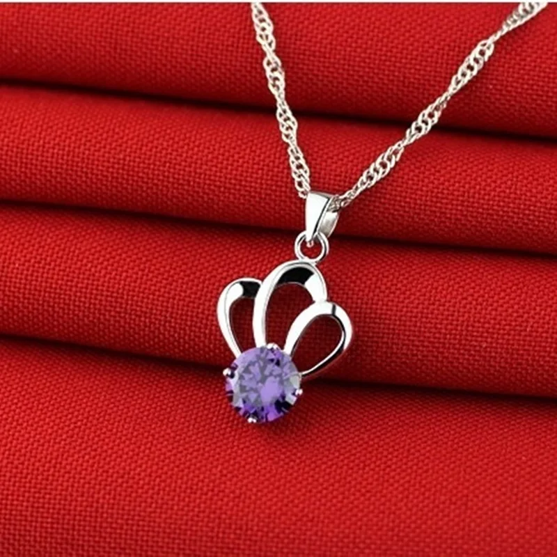 OMHXZJ Wholesale European Fashion Woman Girl Party Gift Crown Amethyst Zircon 925 Sterling Silver Necklace Pendant Charm CA67 | Украшения и