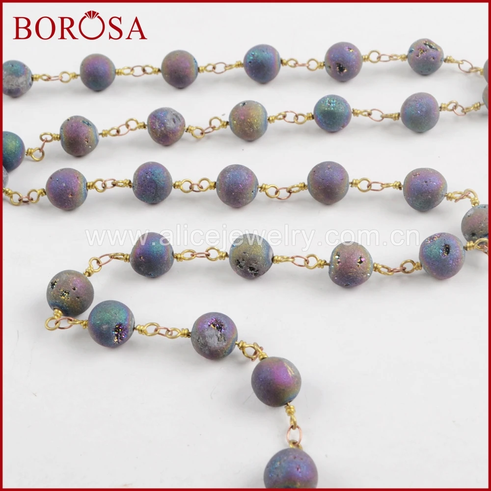 BOROSA New Arrival 8mm Round Rainbow Agates Titanium Druzy Beaded Chains Brass Chain for Necklace Drusy Jewelry Making JT202 | Украшения и