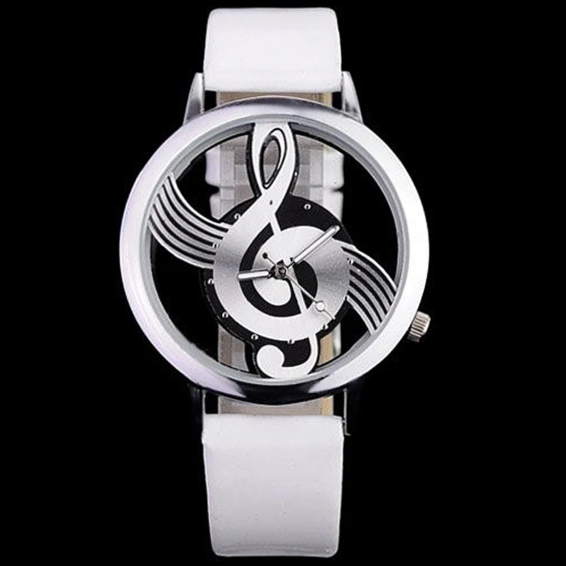 

Music Watch Transparent Simple Fashionable Bolun Dots Hour Marks Leather Quartz Wristwatch Music Symbol Patterned Relogio Clock