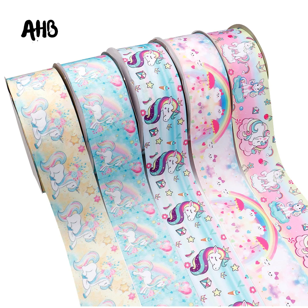 AHB 3 &quotGrosgrain лента Радужная Единорог напечатанная 75 мм DIY аксессуары для девочек