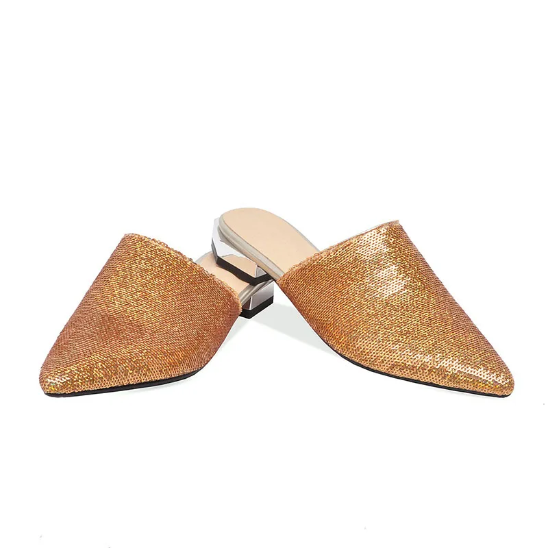 WETKISS Sequined Slippers Women Pointed Toe Footwear Slides Bling Shoes Female Low Heels Mules Woman Summer Plus Size 48 | Обувь