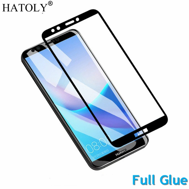 Protector de pantalla de vidrio templado con pegamento completo para Huawei Y9 2018, cubierta completa para Huawei Y9 2018, pel&iacute;cula a prueba de polvo, HATOLY, 2018-0