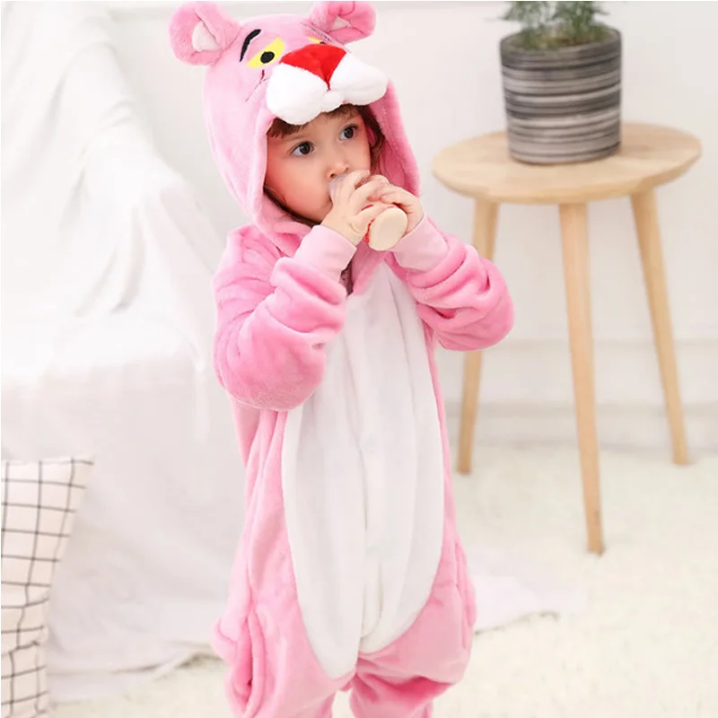 Pink Leopard EOICIOI 22 Стиль Детские кигуруми Пижамы Зимние Фланелевые Животные Единорог Пикачу Pegasus Cat Мальчики Девочки Пижамы Onesie Дети Пижамы Детская одежда для сна пижама для девочки мальчика пижамный комплект - Цвет: Pink Leopard