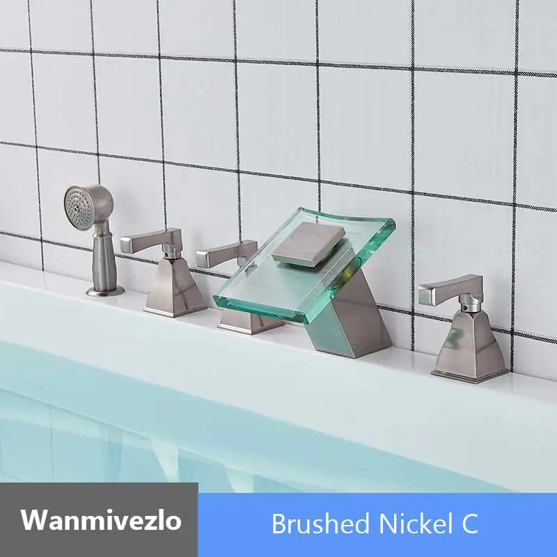 Черный Бронзовый 5 шт. водопад кран для ванны латунный водопад кран для ванной комнаты 3 ручки смеситель кран Torneiras выдвижной ручной душ - Цвет: Brushed Nickel  C