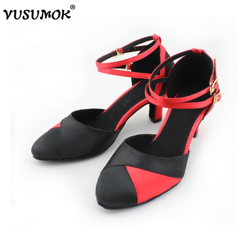 Танцевальные туфли VUSUMOK для бальных танцев Латинский танец Сексуальный Сальса Вечеринка Квадратный черный красный Женщины Девушки Дамы 2017 Новинки