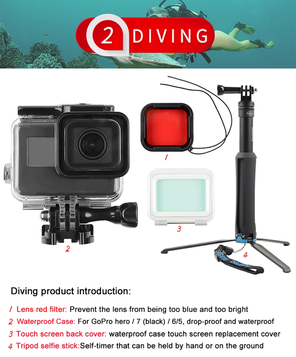 Ruigpro для спортивной камеры gopro, набор для начинающих, для дайвинга, верховой езды, альпинизма, автоспуска, аксессуары для съемки
