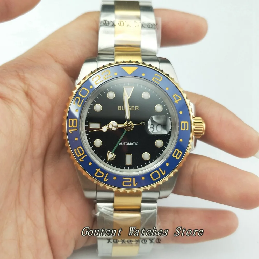 40 мм Bliger GMT Silver SS. Желтый золотой чехол браслет черный циферблат сталь