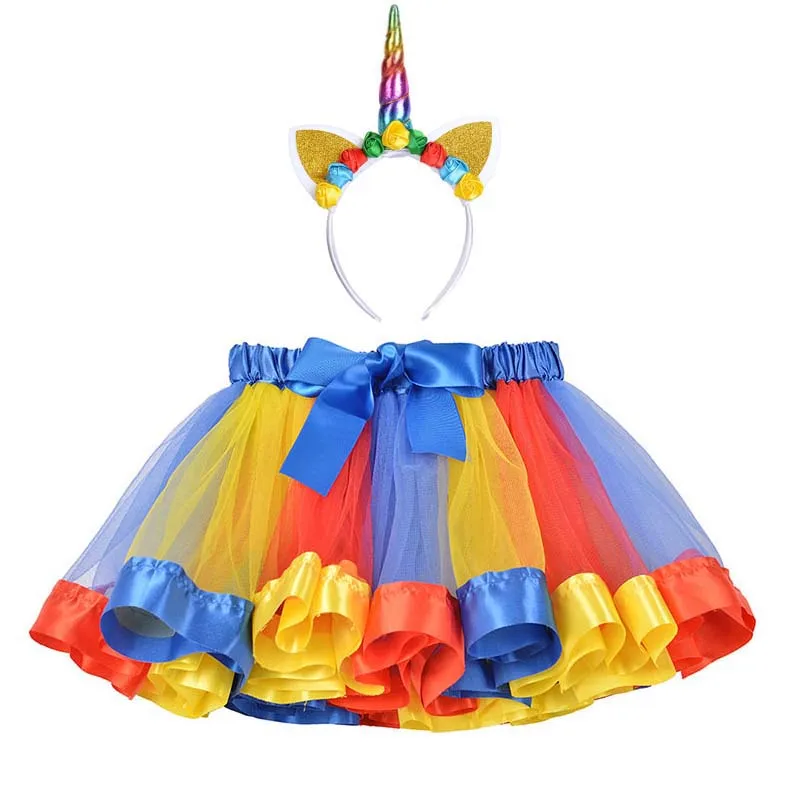 Blue-yellow-red Детская юбка-пачка; одежда для детей; Юбка для маленьких девочек; милая детская фатиновая юбка для малышей; повязка на голову с единорогом; Радужная юбка - Цвет: Blue-yellow-red