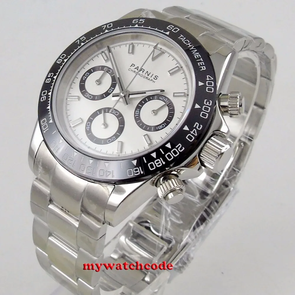 39mm PARNIS white dial sapphire glass solid full Chronograph quartz mens watch P1077 | Наручные часы