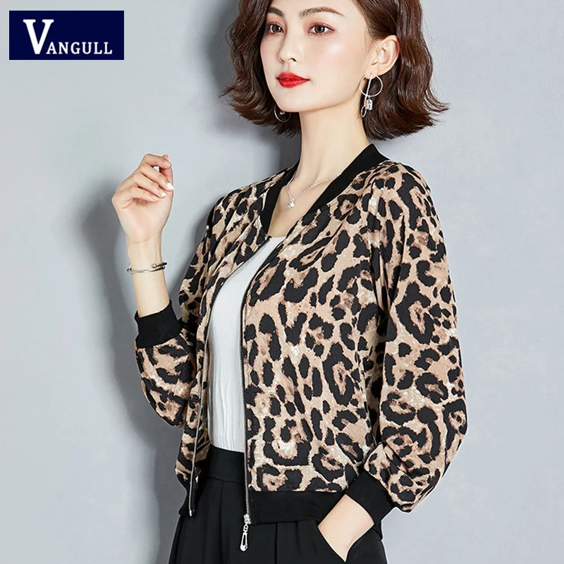 

Vangull Women Baseball Jacket Leopard Printed Coat Long Sleeve Female Short Zipper Tops 2019 Autumn New Fashion Slim Outerwear