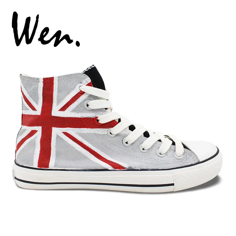

Wen Grey Blue Hand Painted Shoes Design Custom Union Jack UK Flag Men Women's High Top Canvas Sneakers Christmas Gifts