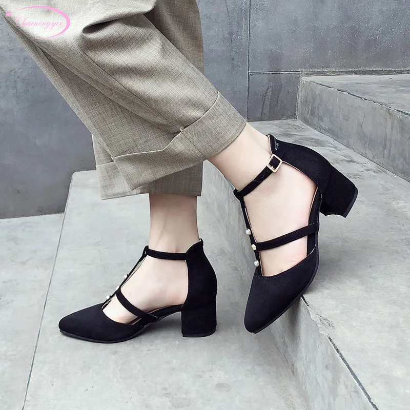 

Korean casual style sexy pointed toe summer sandals fashion beaded buckle strap flock pink beige black medium with women shoes