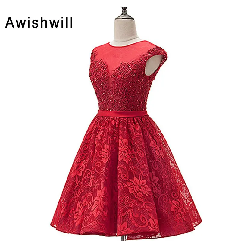 

Real Photo Red Party Dresses for Graduation Open Back Lace-up Back Cap Sleeve A-line Short Homecoming Dresses 2020