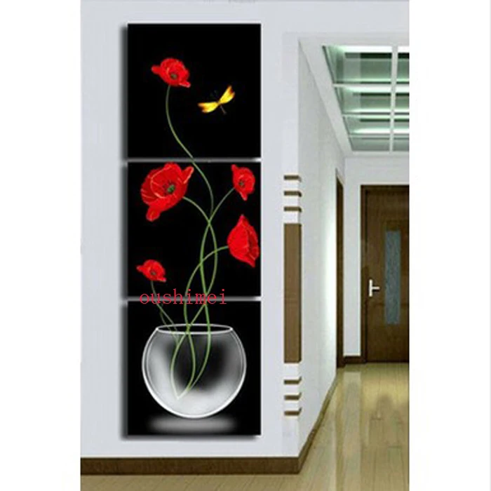

Handmade Wall Painting 3PCS Black And Red Flowe Decorative for Living Room Canvas Painting Modern Flower Art Wall Picture