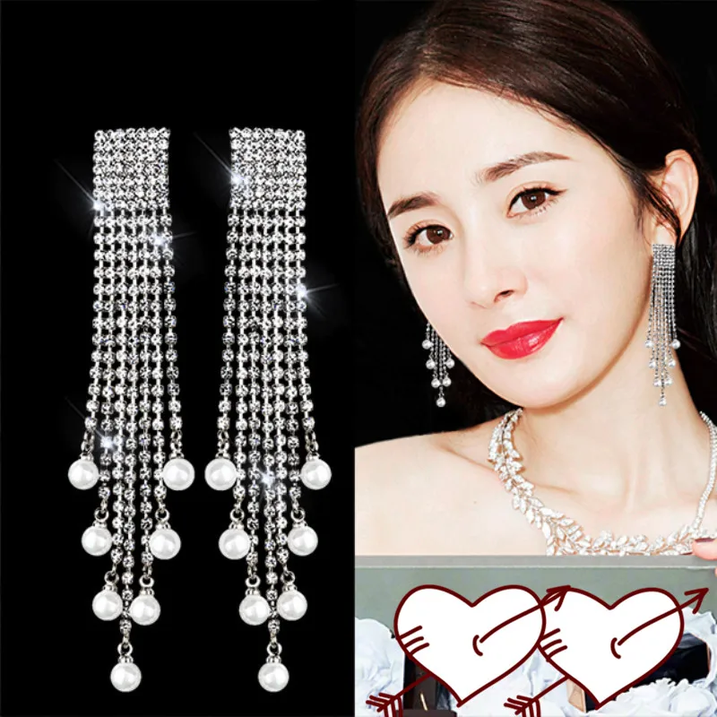 Роскошные Длинные серьги со стразами и искусственным жемчугом с кисточками для