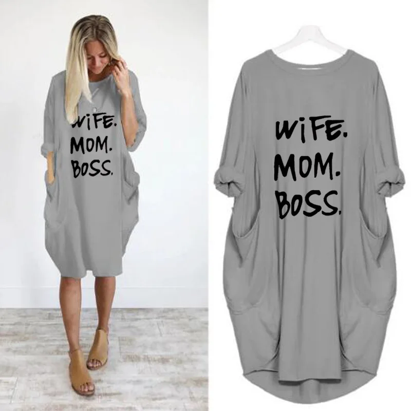 Vintage Plus size Women Dress Fashion Letter Printing Loose Midi Dress Autumn Long Sleeve Pockets Streetwear Womens Clothing 5XL