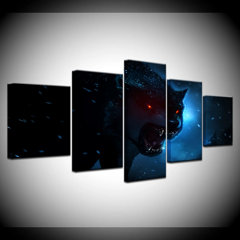 

5 Panel Wall Art Black Wolf And Moon Painting The Picture Print On Canvas Animal Pictures For Home Decor Decoration Artwork