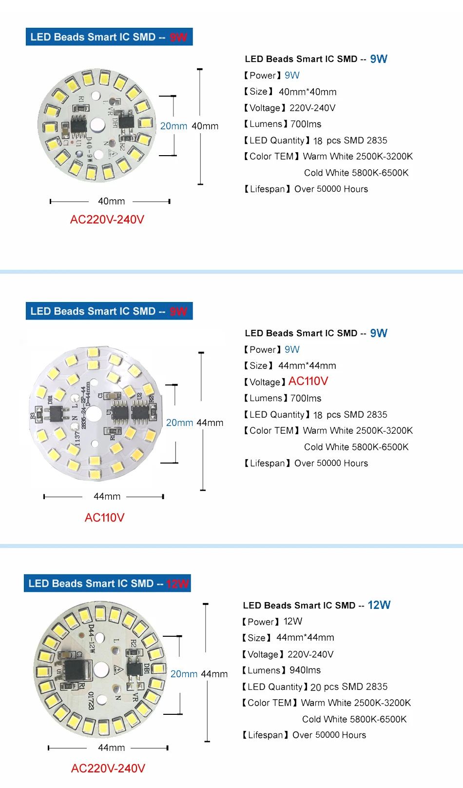 SMD2835 светодиодный светильник с чипом AC110V Smart IC power DIY AC220V 5 Вт 7 Вт 9 Вт 12 Вт 15 Вт Светодиодный светильник для внутреннего прожектора белый/теплый белый