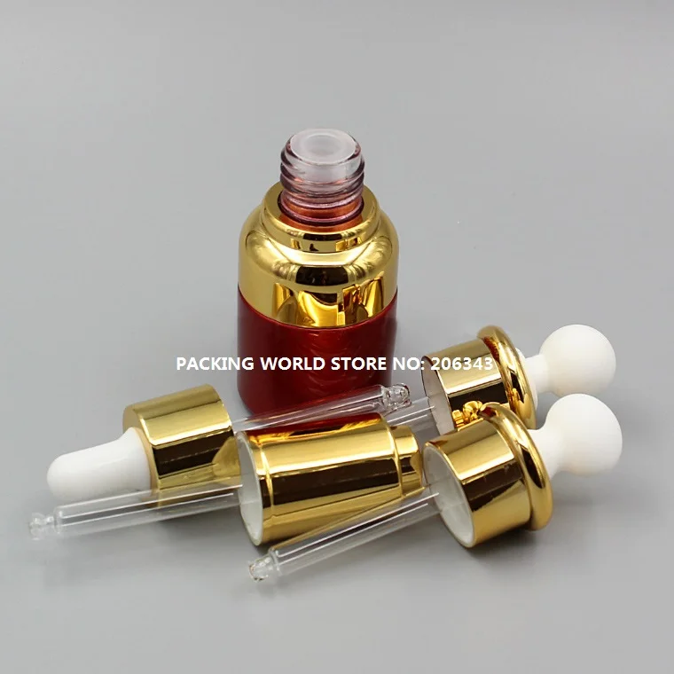 Красный стеклянный флакон 20 мл с золотым плечевым и воротником капельница для