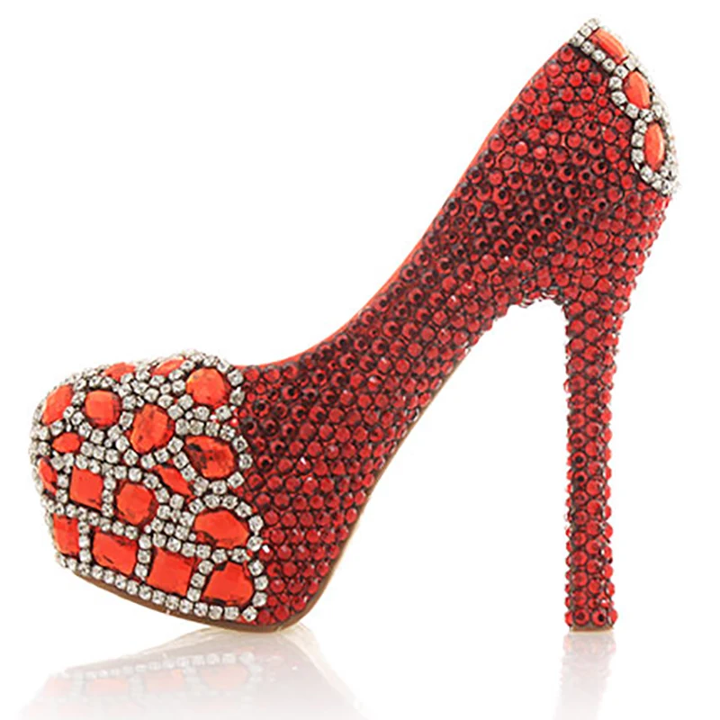 

14cm High Heels Platform Pumps Women Wedding Shoes Red Silver Crystal Bridal Evening Party Round Toe Shoes Female Footwear