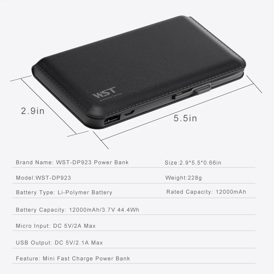 WST 12000mAh портативный мобильный внешний аккумулятор для телефона Powerbank iPhone Samsung Phone