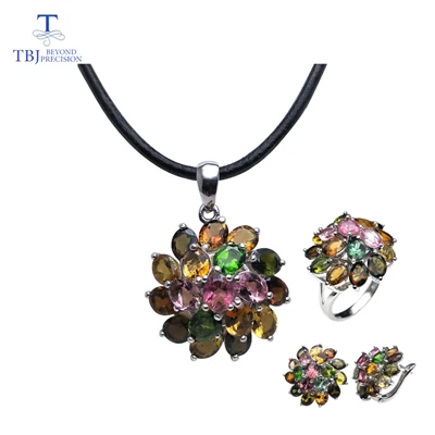 set TBJ, натуральный многоколовый турмалиновый драгоценный камень ювелирный набор из серебра 925 пробы, классический дизайн драгоценных камней ювелирные изделия для женщин с подарком на День святого Валентина - Цвет камня: set