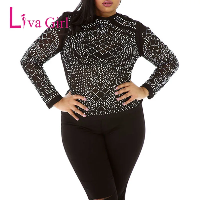 Женская футболка с длинным рукавом Liva Girl черные сексуальные Стразы размера плюс