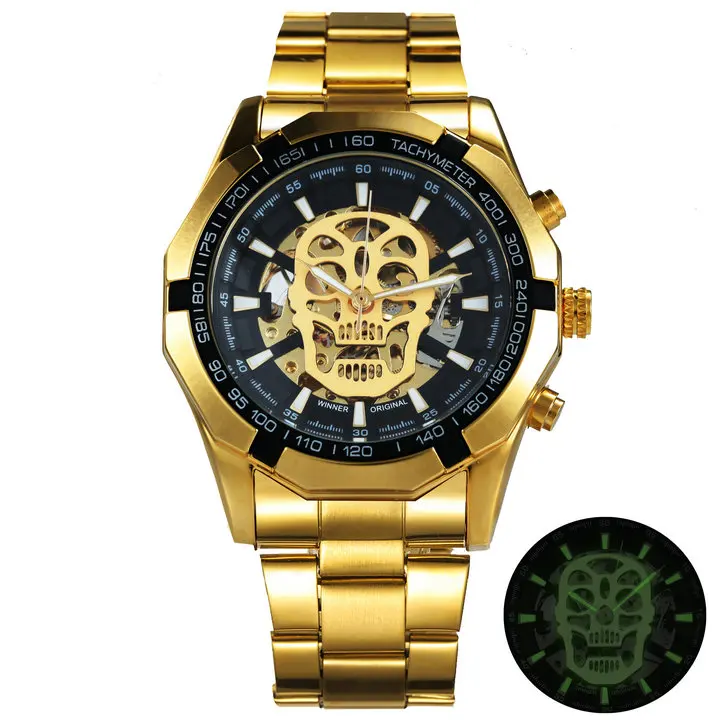 AUTO SKULL GOLD BLK Победитель Официальный Золотой автоматические часы для мужчин Стальной ремешок Скелет механические Череп часы лучший бренд класса люкс Прямая поставка - Цвет: AUTO SKULL GOLD BLK