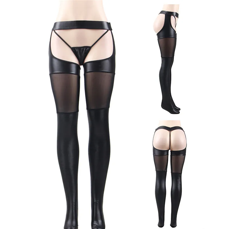 Black Stockings Черные чулки из кожзаменителя с подвязки высокие длинные красные открытые промежности сексуальные чулки для женщин нейлоновые чулки RS80565 - Цвет: Black Stockings