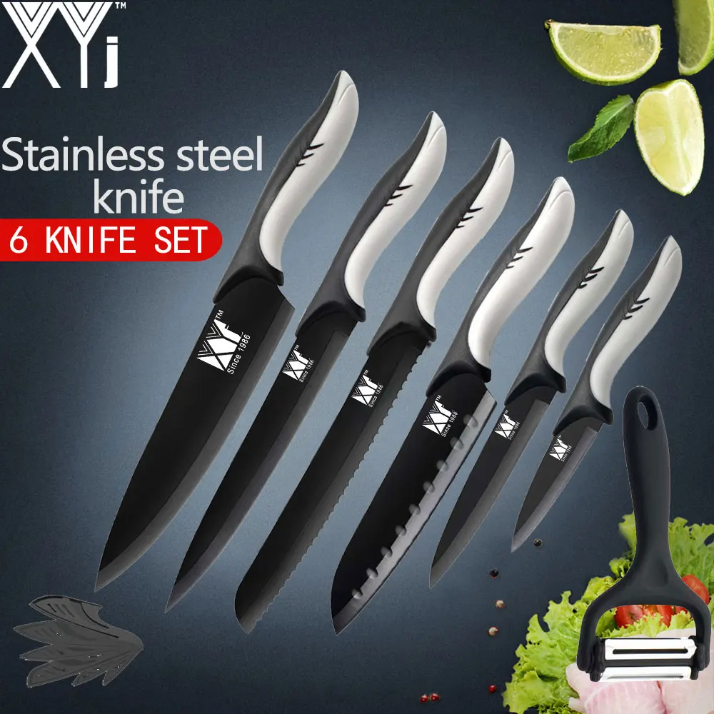 XYj нож из нержавеющей стали фруктовый нож Santoku нож шеф-повара для нарезки хлеба+ Овощечистка Кухонные ножи высокой твердости Набор из 7 предметов - Цвет: 7 PCS Set